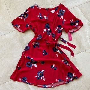 Red flora faux wrap dress